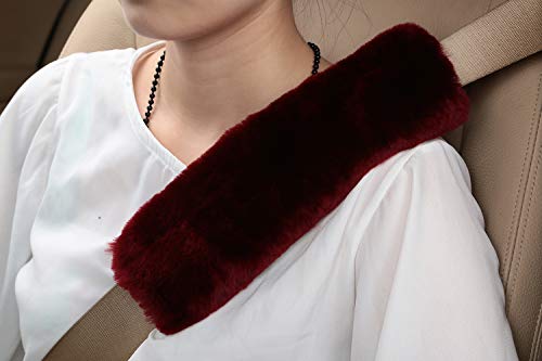 U&M 2 Pack Genuine Sheepskin Auto Seat Belt Cover for Adult Youth Kid Toddlers -Soft Warm Car, Truck, SUV, Camera Backpack Strap Shoulder Pad Wool Fluffy - color: Wine red