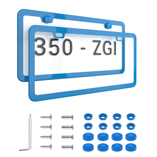 Blue License Plate Frame - 2-Hole Sleek Style, Stainless Steel, Premium Metal Durability, Easy Install, 2-Pack Gift Box - Matte Painted Finish - color: Blue