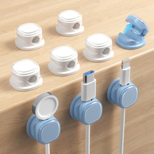 9 Pack Cord Organizer, Spring Cable Management, Adhesive Cute Cable Holder Clips, Phone Charger Wire Keeper for Desk Nightstand Car Office (9-Pack White_Blue) - color: 9-Pack White_Blue