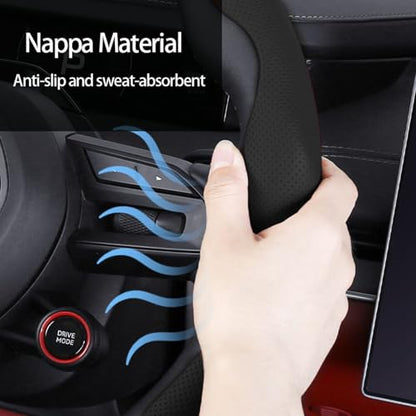 Car Steering Wheel Cover, Nappa Leather, Segmented, Anti-Slip, Odorless, Breathable, for General Motors, 14-15inch (Black) - color: Black