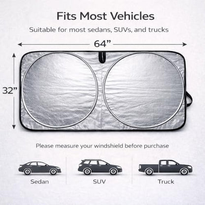 Car Windshield Sun Shade with Mirror Opening, Foldable 240T Reflective Front Windshield Sunshade, 64 x 32 in, for Cars, SUVs, Trucks