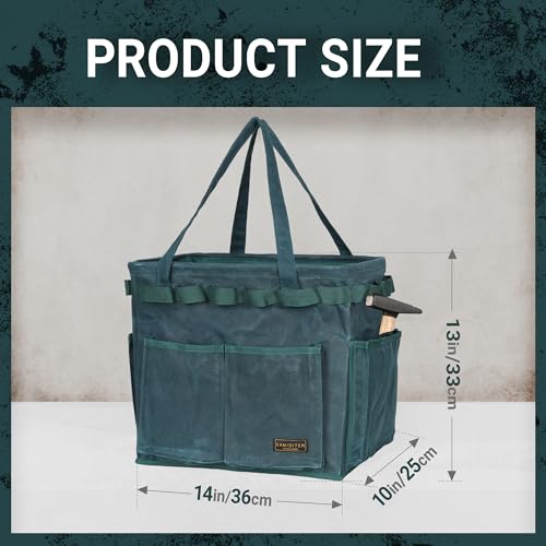 Collapsible Waxed Canvas Tool Pouch with 23 Hanging Holes - Reusable Grocery Bags with Handles for Garden/Camping/Tools/Car Trunk Storage, 14" x 13" x 10" | Dark Green - color: DarkGreen