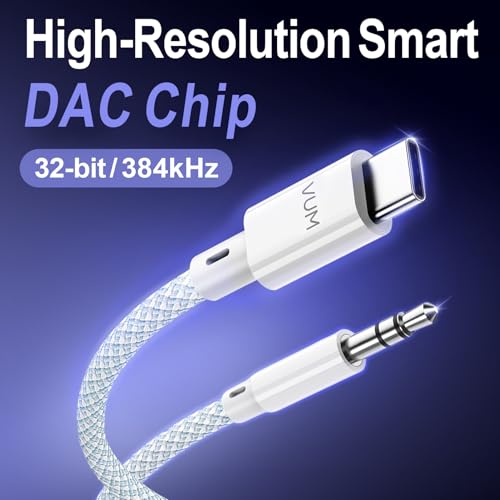 VUM Aux to USB C Audio Cable, 32-bit/384kHz Hi-Fi Stereo, 99.99% Purity Silver-Plated Oxygen-Free Copper USB-C Male to 3.5mm Male Hi-Res Auxiliary Cord for Car, Headphones, and Speakers (4ft)