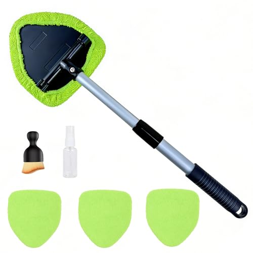 Microfiber Car Windshield Cleaning Tool with Extendable Handle,Car Defogging Glass Cleaning Brush with 4 Reusable Microfiber Pads 1 Spray Bottle and 1 Car Dust Removal Brush. (Green) - color: green