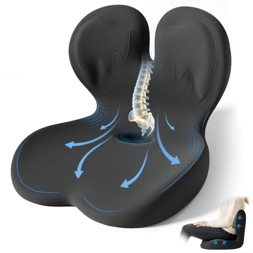 Seat Cushion,Office Chair Cushion with Lumbar Support,Memory Foam Car Orthopedic Cushion,Ergonomic Designed for Long Sitting,Tailbone & Back Pain Relief,Sciatica Pillow for Office,Car,Home Chair - color: Black+honeycomb