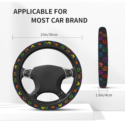 Paw Prints Steering Wheel Cover with 2 Car Coasters Non Slip Neoprene for Women Men Universal 15 Inch - color: Paw Prints