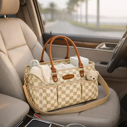 DOKUS & CO Luxe Diaper Caddy Organizer, Extra Large Collapsible Nursery Storage Tote for Baby Essentials & Travel - color: Beige Checkered
