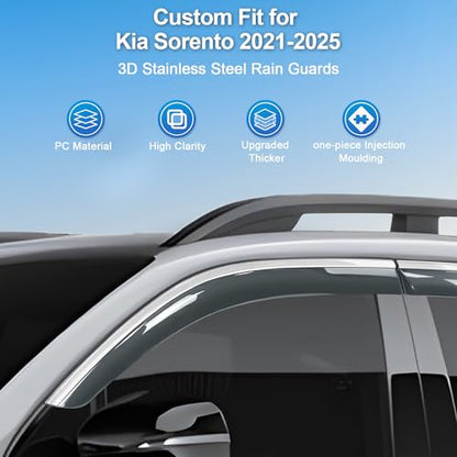 Sze Rain Guards Compatible with Kia Sorento 2021-2026 Side Window Deflectors Anti-Rain Window Visors with Tape 304 Stainless Steel Trim–Noise Reduction & All-Weather Protection Outside Channel-4pcs - style: Kia Sorento 2021-2025