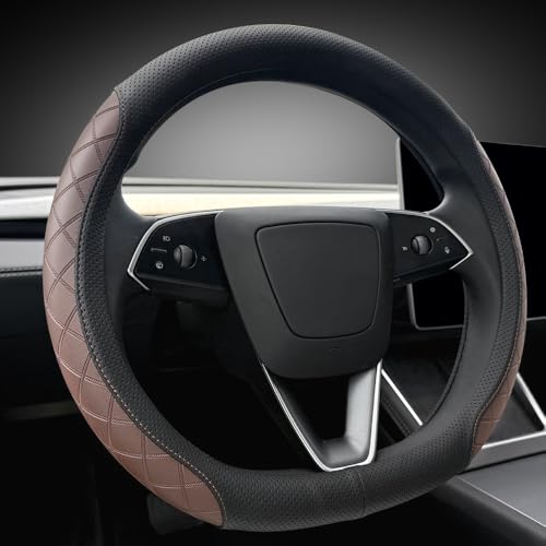 LKWLIKEI Leather Steering Wheel Cover. Elegant Diamond Checkered Design, Non-Slip and Breathable, for Tesla Model 3/Y Steering Wheel Protector,Black Brown - color: Black Brown