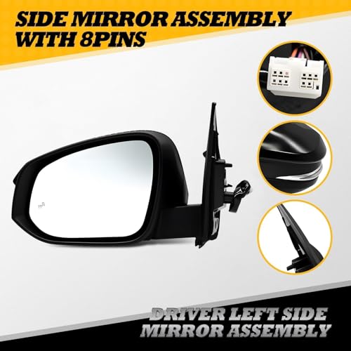 Left Driver Side Mirror Assembly Compatible with RAV-Four 2015-2018 Heated Blind Spot Detection Turn Signal Power 879400R190 Black (8Pins)
