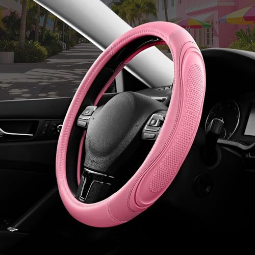 Road Comforts Car Steering Wheel Cover - Microfiber Leather Steering Wheel Wrap Sports 14.5-15 Inch Steering Wheel Cover Non-Slip for Men Women Pink & Pink Color - color: Pink&Pink