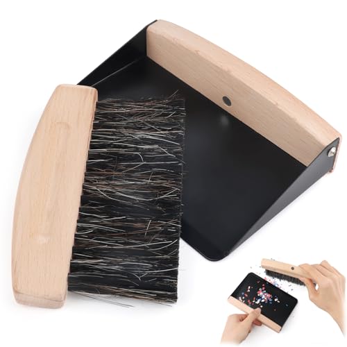 Small Dustpan and Brush Set with Wooden Handle,Mini Metal Crumb Sweeper for Countertops,Desk,Pet Hair,Car,Portable Cleaning Tools for Kitchen,Camping,Sofa (Black) - color: Black