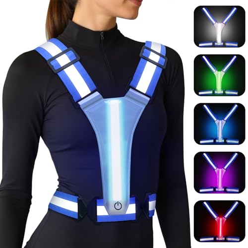 LED Reflective Vest Running Gear, 5 Colors Lights Up Running Vest for Night Walking Cycling Jogging, Adjustable Size for Men Women Kids, Rechargeable and High Visible - color: Blue
