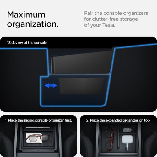 Spigen Non-Slide Center Console Organizer (Expanded Capacity) for Tesla Model Y Juniper (Only Premium & Performance 2025/26) and Model 3 Highland (Standard, Premium & Performance 2024/25/26) - size: Center Console Organizer (Expanded)