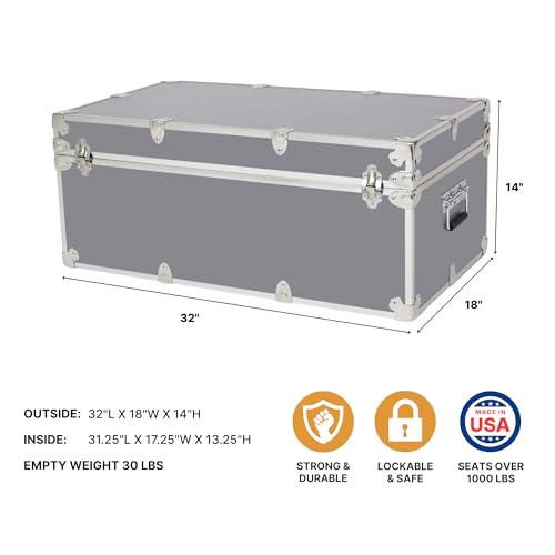 Rhino Trunk & Case Large Essential Trunk With Wheels 32”x18”x14”, 1000+ lbs Capacity - Many Colors. Strong, USA Made Summer Camp Footlocker, and Secure College Dorm Storage Chest - color: Gray