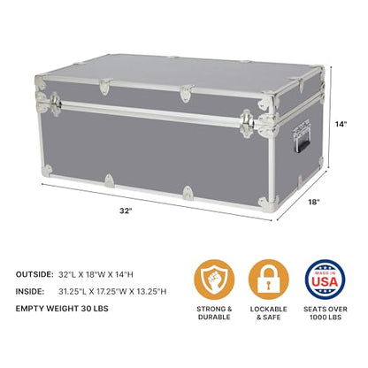 Rhino Trunk & Case Large Essential Trunk With Wheels 32”x18”x14”, 1000+ lbs Capacity - Many Colors. Strong, USA Made Summer Camp Footlocker, and Secure College Dorm Storage Chest - color: Gray