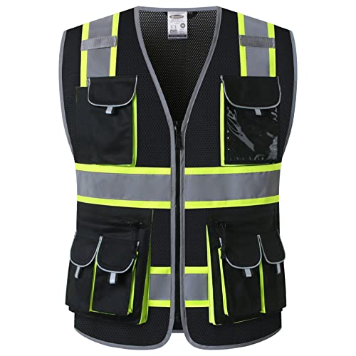 JKSafety 10 Pockets Hi-Vis Neon Color Frontal Zipper Mesh Safety Vest for Men Women Safety Utility for works Comply to ANSI/ISEA Standards (86-Black M) - color: Jk086-black, size: Medium