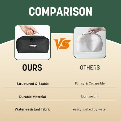 Wrangler Travel Toiletry Bag for Men & Women, Large Capacity Makeup Organizer with 4 Pockets, Water-Resistant Nylon, 180° Lay-Flat Cosmetic Bag with Handle & Double Zipper for Travel, Bathroom & Gym - color: Black