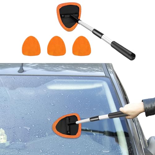 Windshield Cleaning Tool, Car Window Cleaner with 4 Washable Reusable Microfiber Pads, Auto Interior Exterior Extendable Long Handle Glass Wiper Cleaning Kit Universal for Office and Home (Orange) - color: Orange