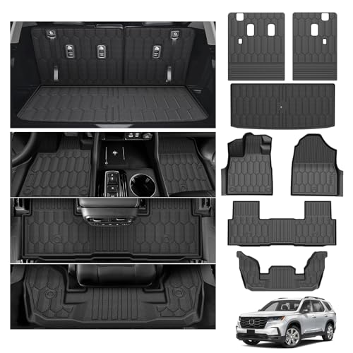 Powerty Floor Mat for Honda Pilot 2023-2025 2026, All Weather TPE Custom Trunk Cargo Mat Liner with Backrest Mat Replacement for Honda Pilot Accessories (Trunk Mat+Backrest Mat+Floor Mat) - size: 4)Honda Pilot｜23-26｜Full Set