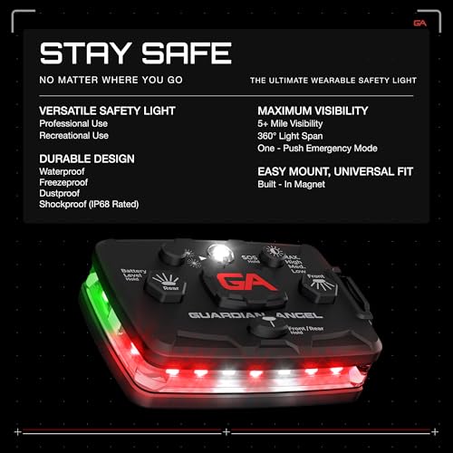 Guardian Angel Elite Series Safety Light (Red Front & Green Rear) - Rechargeable, Magnetic, Hands-Free Wearable/Mountable LED Light for Fire, Roadside, Security, Wireless Boat Navigation - color: Red/Green, size: 1-Pack
