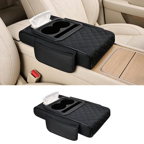 Car Armrest Cushion,Multifunctional Center Console Cover with 2 Storage Bags Cup Holder,Tissue Box Slot & Phone Storage,Car Storage Organizer Interior Accessories,Black