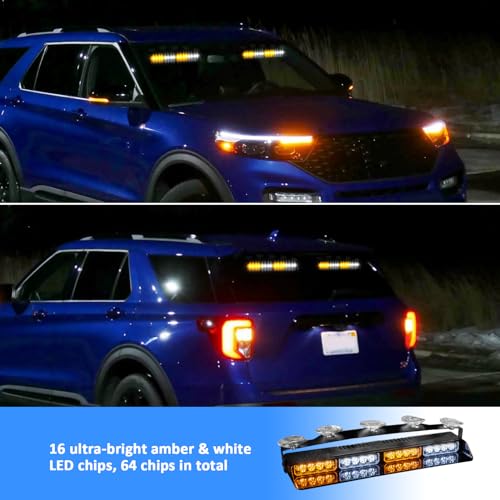 Wsays 4Pcs 16 LED 2''x 14'' White Amber Dash Strobe Light w/Controller and Wiring Harness and Suction Cup Windshield Interior Warning Light Bar Compatible with Trucks Pickup SUV Boat Vehicle