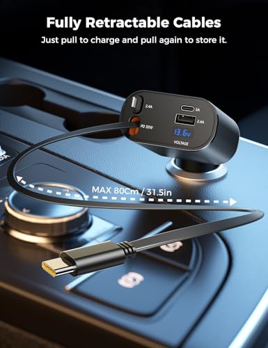 SUPERONE 【Upgraded】 Retractable Car Charger 4 in 1, Fast Car Phone Charger with Cord 2.6ft, USB C and Apple Car Charger Adapter, Compatible with iPhone 17 16 15/15 Pro Max/14/13/12/11, Galaxy, Pixel - color: Gray