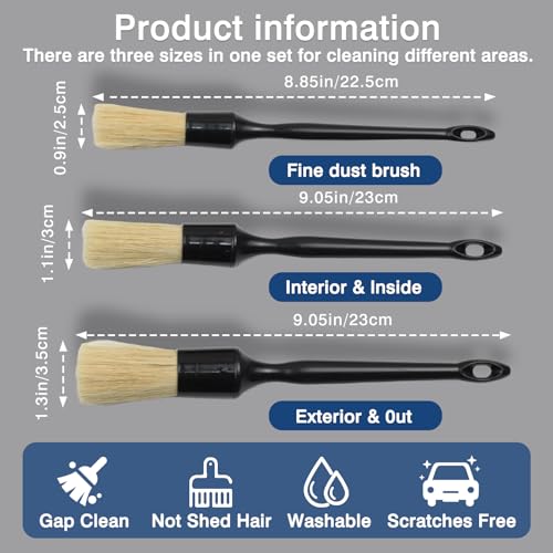 Car Detailing Brushes (3-Pack) – Premium Soft Boar’s Hair Bristles for Interior & Exterior Cleaning – Leather Seats, Air Vents, Wheels, Paint – Auto Detailing Starter Kit