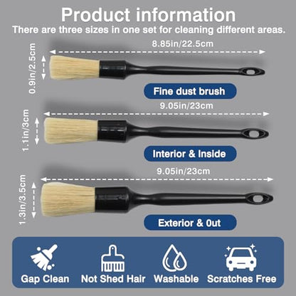 Car Detailing Brushes (3-Pack) – Premium Soft Boar’s Hair Bristles for Interior & Exterior Cleaning – Leather Seats, Air Vents, Wheels, Paint – Auto Detailing Starter Kit
