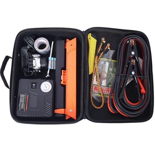 Auto Safety Emergency Kit with Portable Air Compressor - Comprehensive Roadside Assistance Tools, 7LED Headlight, Reflective Warning Triangle, First Aid Kit and More - Essential for Cars and Trucks