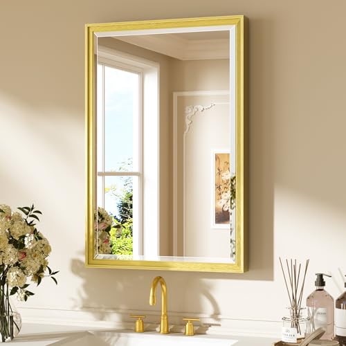 Keonjinn 20" x 30" Gold Bathroom Mirrors for Over Sink, Decorative Aluminum Alloy Frame, Beveled Tempered Glass, Shatterproof, Rectangle Transitional Gold Vanity Mirror for Wall(Vertical/Horizontal) - color: Gold, size: 30"L x 20"W