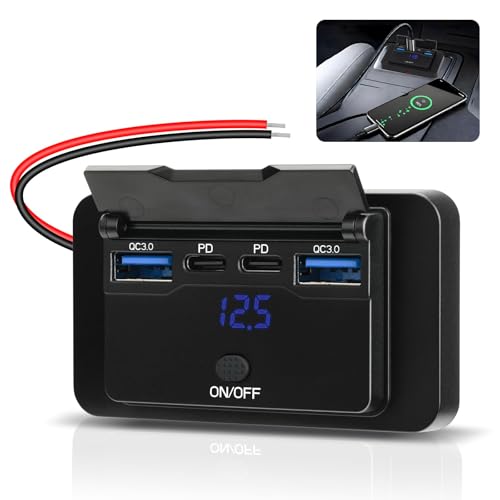 78W 12V USB Outlet Panel Wall Mount with Blue Voltmeter Dual 36W PD & Dual 18W QC3.0 Car USB Port Lightweight 12V USB Charger with ON/Off Switch - size: Pack of 1