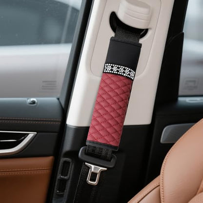 wuyaoyao 2PCS Bling Car Seat Belt Cover Pad, Breathable Leather Seatbelt Covers for Cars, Soft Comfortable Seatbelt Shoulder Strap Covers, Rhinestone Auto Seat Belt Protector Cushion (Wine Red) - color: Wine Red