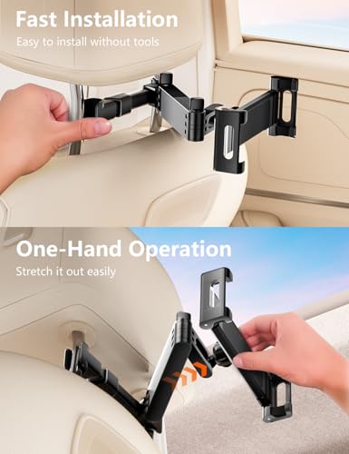 Car Headrest Tablet Holder, Lockable 3-in-1 Extension Arm Tablet Mount for Car Backseat, 360° Rotation, Fits iPad Pro Air Mini, Fire HD, 4.7-13" Tablets, Road Trip Essentials for Kids