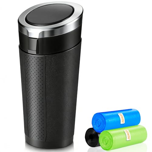 Car Trash Can Bin with Lid, Leakproof Garbage Can for Vehicle, Mini Trash Bin with 90 Attached Trash Bags, Easy to Clean Cup Holder Trash Can for Car, Home, Office - color: Black&Silver 1
