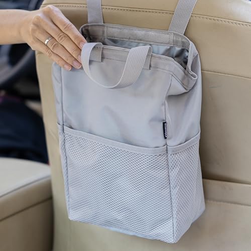 Ginsco New Leak-Proof Travel Trash Bag, Hanging Car Trash Can with Hook and Loop Lid and Handle, Multipurpose Trash Bin with Storage Pockets for Car SUV Truck RV Camping 2 Gallons (Atomic Silver) - color: Atomic Silver, size: 2 Gallons