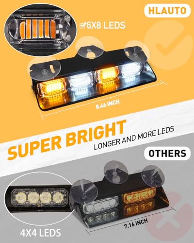 HLauto 2002L Emergency Dash Strobe Lights: Amber White Safety Lights, Flashing Warning Hazard Windshield Visor Traffic Light Bars for Trucks, Construction Vehicles (2x8.5 inch, 48LED) - color: Amber/White