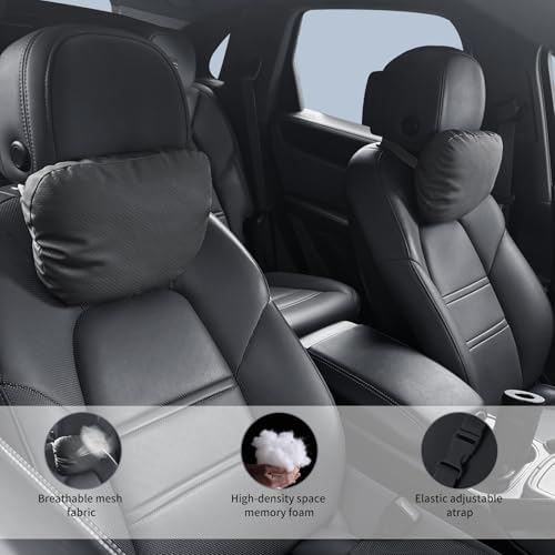 2 Pack Car Neck Pillows, PU Leather Car Headrest Support with Adjustable Strap, Ergonomic Dupont Bio Cotton Head Rest Pillow for Road Trips & Daily Commutes (Black, Soft Style) - color: Black