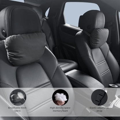 2 Pack Car Neck Pillows, PU Leather Car Headrest Support with Adjustable Strap, Ergonomic Dupont Bio Cotton Head Rest Pillow for Road Trips & Daily Commutes (Black, Soft Style) - color: Black