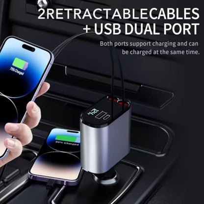 Retractable Car Charger, 4 in 1 Fast Charging 69W, Cigarette Lighter Adapter 2 Retractable iPhone Cables and USB Car Charger,Compatible with iPhone 14/13/12/11,Galaxy,Pixel - size: Cords for apple 5-14