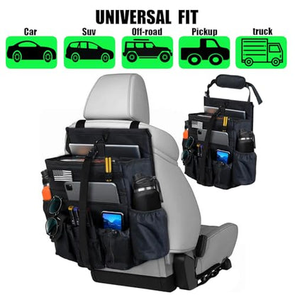 Front & Seat back organizer with dedicated tablet and 15.6 IN laptop storage stabilizers external stabilizing side straps soft adjustable shoulder straps hardened buckle (Black) - color: Black