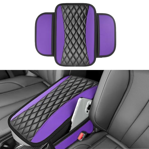 Leather Car Center Console Cover with Side Storage Pockets, Universal Leather Waterproof Armrest Pad Protector & Organizer for Cars, Vehicles, SUVs Interior Decor Stylish Car Decoration (Purple) - color: Purple