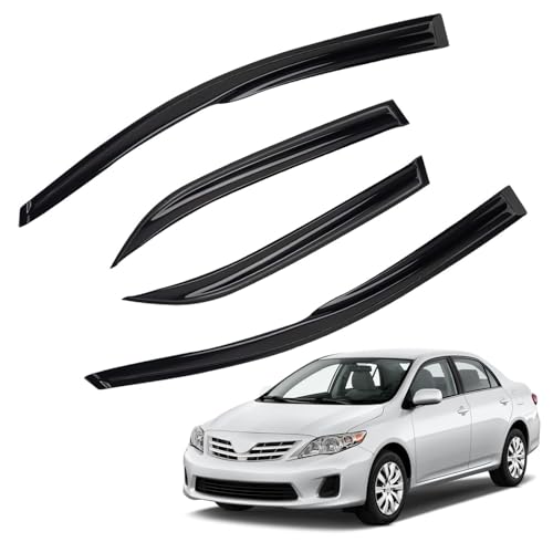 4pcs JDM 3D Wavy MU Style Window Visors Compatible with 2009-2013 Toyota Corolla, Front+Rear Left+Right Outside Mount Type Dark Smoke Tint Tape-On Side Sun Rain Guards Set of 4 - size: 2009-2013 Toyota Corolla