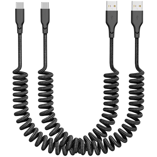 Coiled Car Carplay Charger Fast Charging，[2-Pack, 3Ft] Retractable Braid USB A to USB C Cable for iPhone 17/16/15/Plus/Pro Max/MacBook Pro, Type-C Cord,Black - color: Black