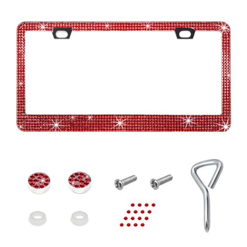 Bling License Plate Frame, Sparkly Bedazzled Auto Tag Holder with Mounting Kit, Handcrafted Crystal Stainless Steel Licence Plate Cover for Women Girls, Car Accessories (Red) - color: Red