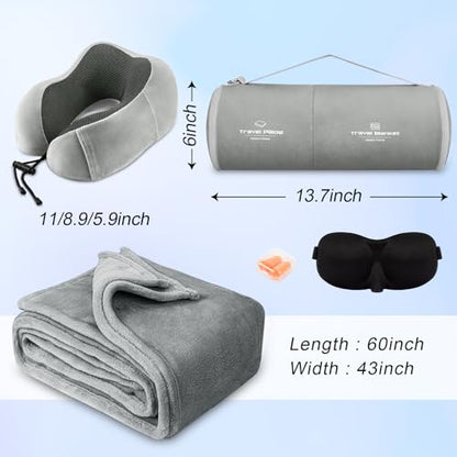 urnexttour Travel Pillow and Blanket Set Neck Pillows Travel Essentials with Sleep Mask for Airplane Car Memory Foam Grey - color: A-grey