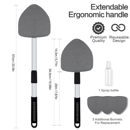 Windshield Cleaner Tool 22.5" L - Car Interior&Exterior Window Cleaning Kit with Extendable Handle&4 Microfiber Pads and Thick Large Wash Sponge, Auto Glass Wiper Brush Kit for Cars Home (7pcs Grey) - color: Grey
