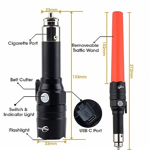 Small Safety Wand Flashlight for Traffic,Car,Emergency | Cigarette Lighter & USB C Rechargeable Torch with Seat Belt Cutter - color: Black
