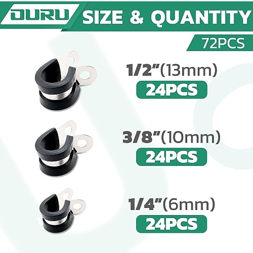 OURU 72PCS Stainless Steel Cable Clamp,Rubber Coated Cushioned Insulated Cable Clamps Assortment Kit-Metal Wire Clamps,Cable Clips,Pipe Clamps - size: 72PCS